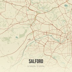 Retro UK map of Salford. Vintage street map.