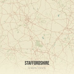 Retro UK map of Staffordshire. Vintage street map.