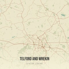 Retro UK map of Telford and Wrekin. Vintage street map.