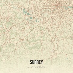 Retro UK map of Surrey. Vintage street map.