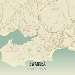 Retro UK map of Swansea. Vintage street map.
