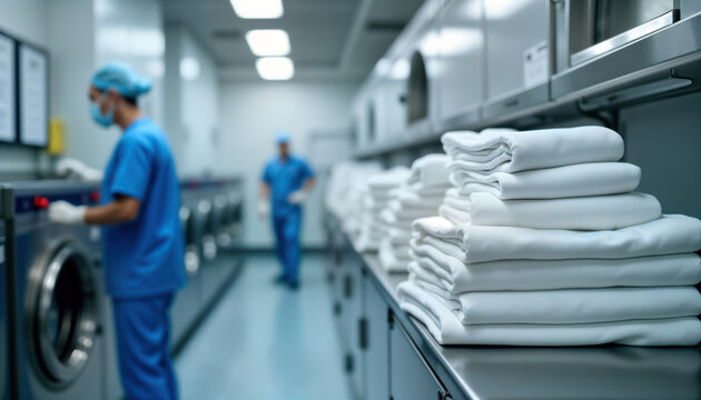 Industrial laundry facility shows workers in blue scrubs operating laundry machines. Clean folded sheets, surgical clothes stacked neatly on stainless steel shelves. Hygiene, cleanliness in pro - Powered by Adobe