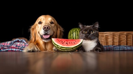 Dog and cat with watermelon, picnic blanket, summer