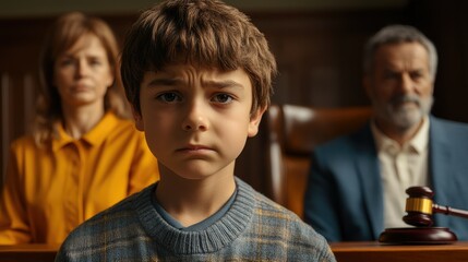 Sad boy sitting at a table in the background of his parents.