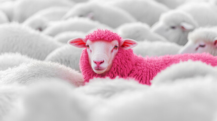 Pink sheep standing out from the flock of white sheep, showcasing a unique and eye-catching contrast.