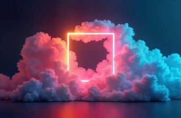 Neon square frame glows vibrant colors surrounded by fluffy clouds. Futuristic design. Abstract art piece. Digital art style. Modern design. Cyberpunk aesthetic. Dreamlike landscape. Night scene.