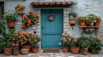Vibrant Floral Entrance: A Charming Stone House with a Teal Door Adorned with Blooming Plants