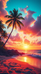 Obraz premium Sonne am Strand mit Palmen und Wolken