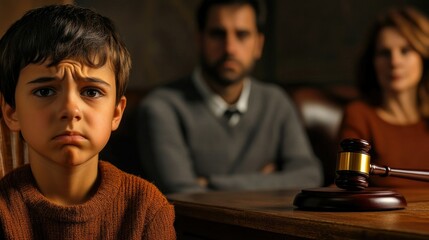 Obraz premium Sad boy sitting at a table in the background of his parents.