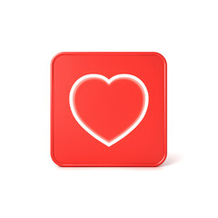 Blank neon love like heart shape icon in red round square sign isolated on white background with shadow minimal conceptual 3D rendering