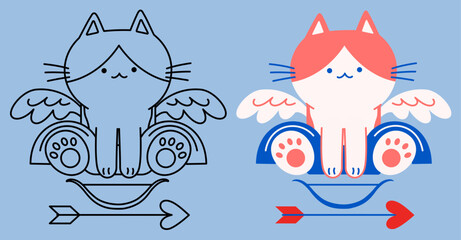 Cupid cat sitting and placing the bow and arrow down