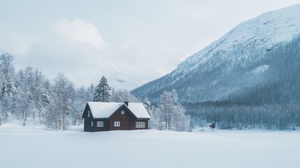 Snow-covered Cabin Rests in a Quiet Valley Surrounded by Mountains During a Peaceful Winter Day With Overcast Skies