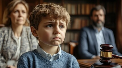 Sad boy sitting at a table in the background of his parents.