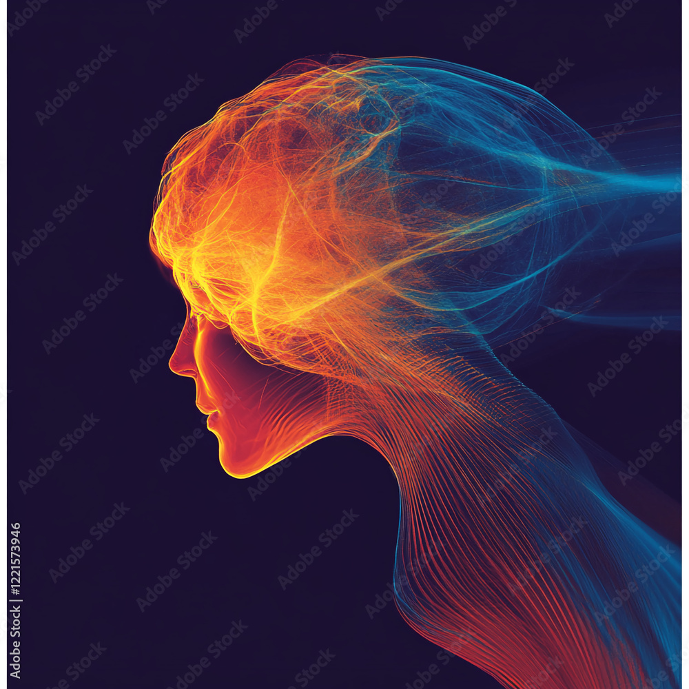 Poster abstract human profile with neon flowing lines representing thoughts and emotions.