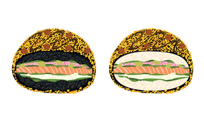 Set of black and white sushi burger with salmon meat, onion, rice, avocado and masago caviar and cream cheese fried in breadcrumbs isolated on white. Hand drawn vector illustration in flat style