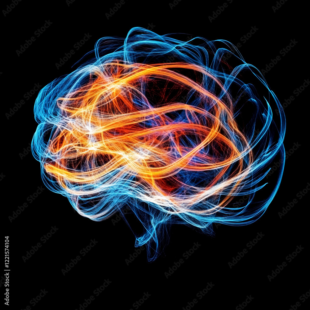Poster abstract brain illustration with vibrant neon lines representing mental activity and connections.