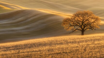 Solitary Oak Tree on Rolling Hills at Golden Hour