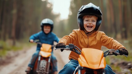 Obraz premium Happy Children Riding Motorcycles in Forest Setting with Bright Smiles and Joyful Expressions