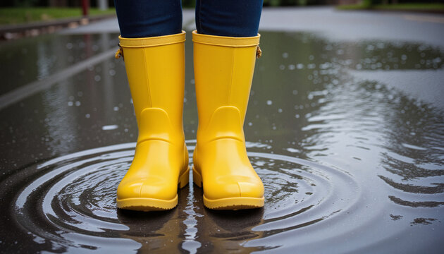Bright yellow rain boots standing in a shallow puddle on a cozy rainy day