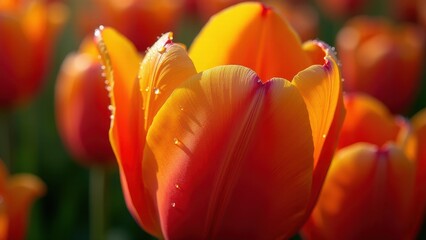 Macro photography of a tulip with dew drops in sunlight	