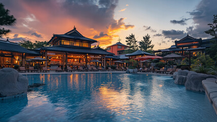 Serene Tropical Resort at Sunset with Illuminated Pool and Asian Architecture