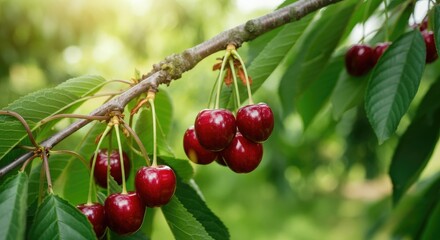 Obraz premium Ripe red cherries on tree branch in orchard