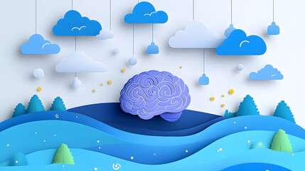 Paper cut illustration of a brain surrounded by a colorful landscape with trees and hills