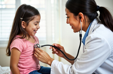 Friendly female doctor examines happy young Hispanic girl. Doctor auscultates childs heart with stethoscope in clinic room. Happy child smiles, interacts during medical exam. Doctor provides