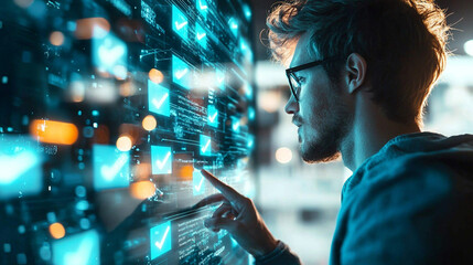 Focused Young Man Interacting with Glowing Digital Checkmarks Interface at Night