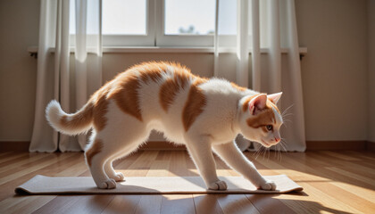Playful cat stretching on yoga mat in a sunlit minimalist interior, cat yoga pose