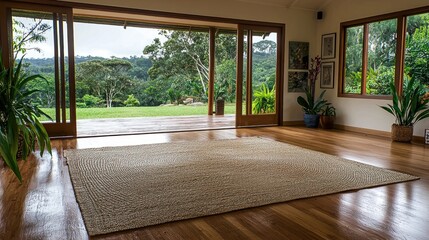 Tranquil yoga studio, forest view,  nature background,  peaceful retreat