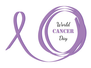 World cancer day banner with lavender purple ribbon frame. Hand drawn vector illustration in flat style. February 4th international awareness cancer day design. Sticker, icon, print flyer