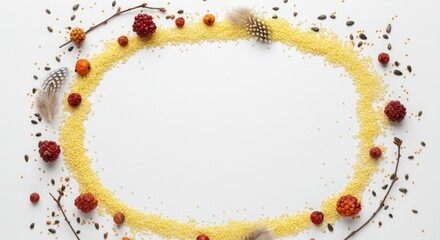 Obraz premium Autumn-themed floral arrangement with millet, berries, seeds, and feathers