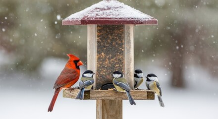 Naklejka premium Cardinal and chickadees on bird feeder during light snow