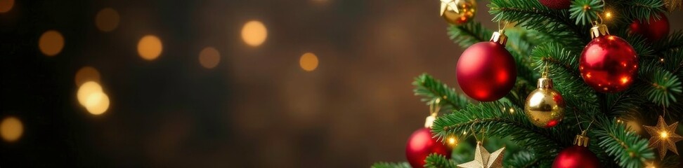 Golden ornaments in the shape of stars and balls surround a star-topped Christmas tree adorned with red and gold ball decorations, christmas tree, red ball