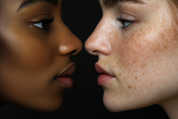 Close profiles of two women, one with dark skin and the other with freckles, showcasing contrasting beauty and cultural diversity, emphasizing intimacy and connection despite their differences