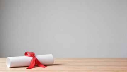 Elegant white diploma scroll with red ribbon on minimalistic wooden desk