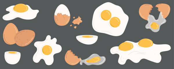 Set of chicken eggs. Hand drawn vector illustration in flat style. Whole brown eggshell eggs, boiled, fried eggs, yolk, broken eggshells. Concept of tasty breakfast, farm, cooking