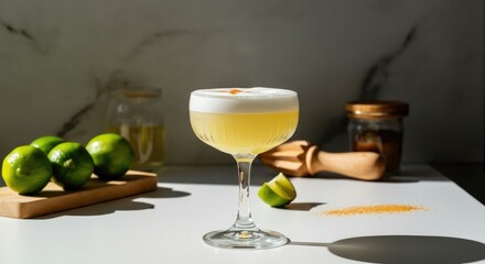 Fresh pisco sour cocktail with limes on sunny countertop