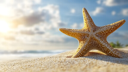 Starfish resting on sandy beach with gentle waves and clear blue water in the background