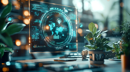 Futuristic Teal Hologram World Map on Modern Desk with Plants