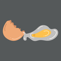 Cracked brown eggshell with a raw liquid egg inside on dark background. Hand drawn vector illustration in flat style. Cooking process, egg design. Bakery ingredient