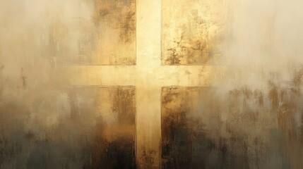 A large cross painted on a wall with shades of brown and yellow