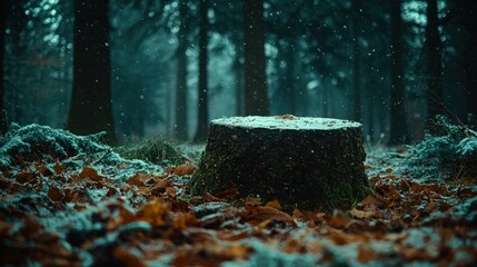 Obraz premium Snowy forest stump, winter scene, nature background