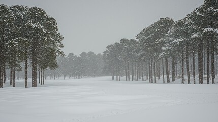 Snowy golf course, winter storm, pines, landscape, tranquility