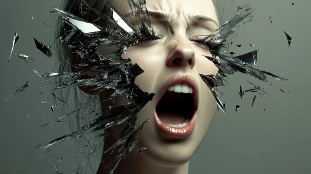 A woman screams in anguish as shards of glass break around her, symbolizing emotional turmoil and the struggle to break free from hidden constraints in an artistic portrayal.