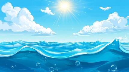 Sunny ocean scene with waves and bubbles.