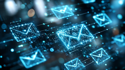 Glowing Blue Email Icons on Dark Digital Network Background