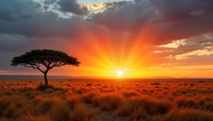 Single acacia tree stands alone in savanna at vibrant sunset. Dry grass fills foreground. Scenic African landscape evokes peace, tranquility. Travel destination photo. Sunrise sunset. Tranquil scene.