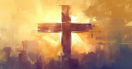 A large cross painted on a wall with shades of brown and yellow
